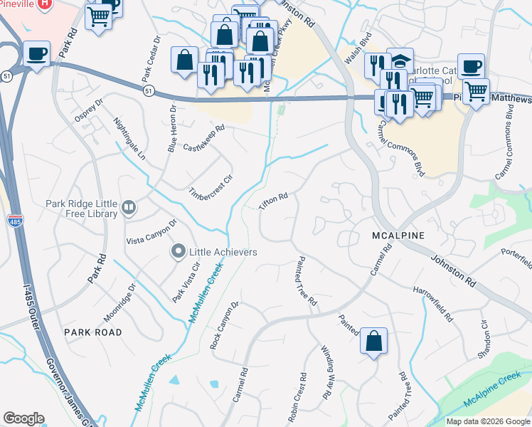 map of restaurants, bars, coffee shops, grocery stores, and more near 7316 Pickett Court in Charlotte