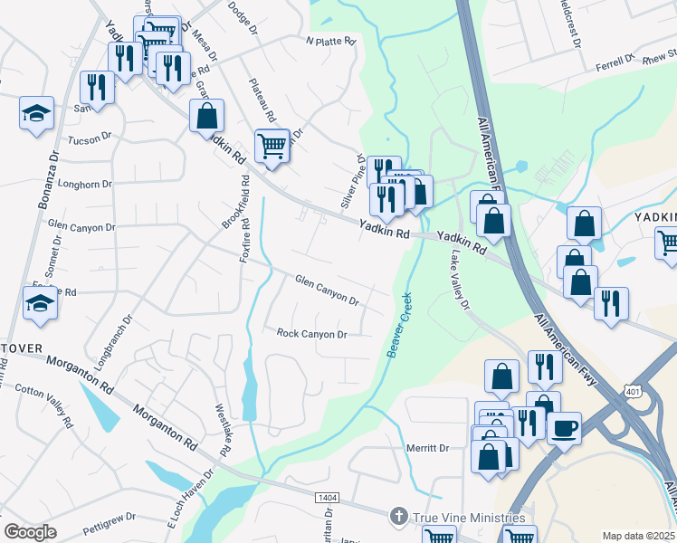 map of restaurants, bars, coffee shops, grocery stores, and more near 501 Lumberly Lane in Fayetteville