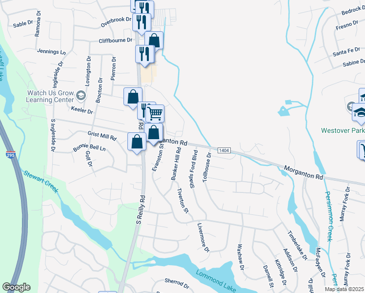 map of restaurants, bars, coffee shops, grocery stores, and more near 6425 Morganton Road in Fayetteville