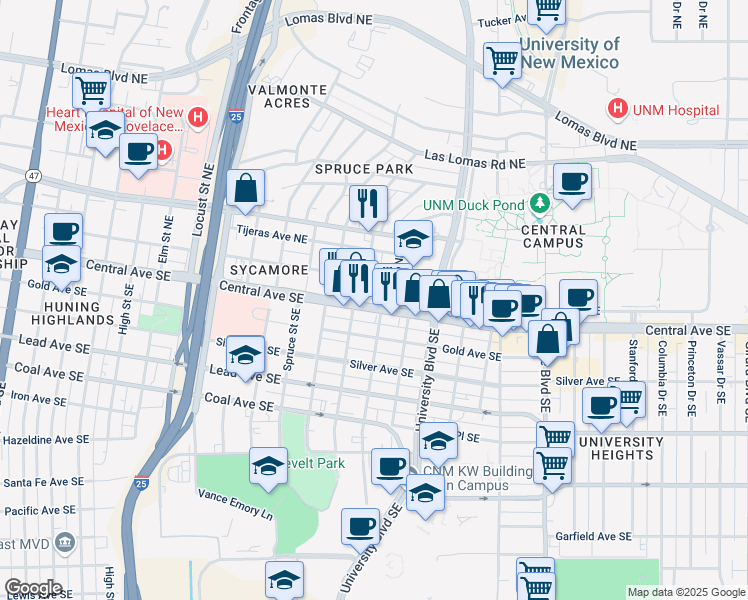 map of restaurants, bars, coffee shops, grocery stores, and more near 1511 Central Avenue Northeast in Albuquerque