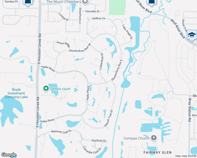 map of restaurants, bars, coffee shops, grocery stores, and more near 2465 Linkenholt Drive in Collierville