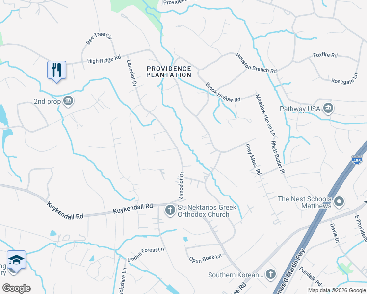 map of restaurants, bars, coffee shops, grocery stores, and more near 5430 Lancelot Drive in Charlotte