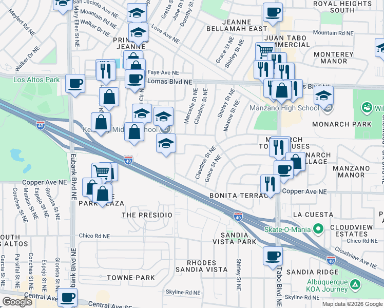 map of restaurants, bars, coffee shops, grocery stores, and more near 633 Marcella Place Northeast in Albuquerque