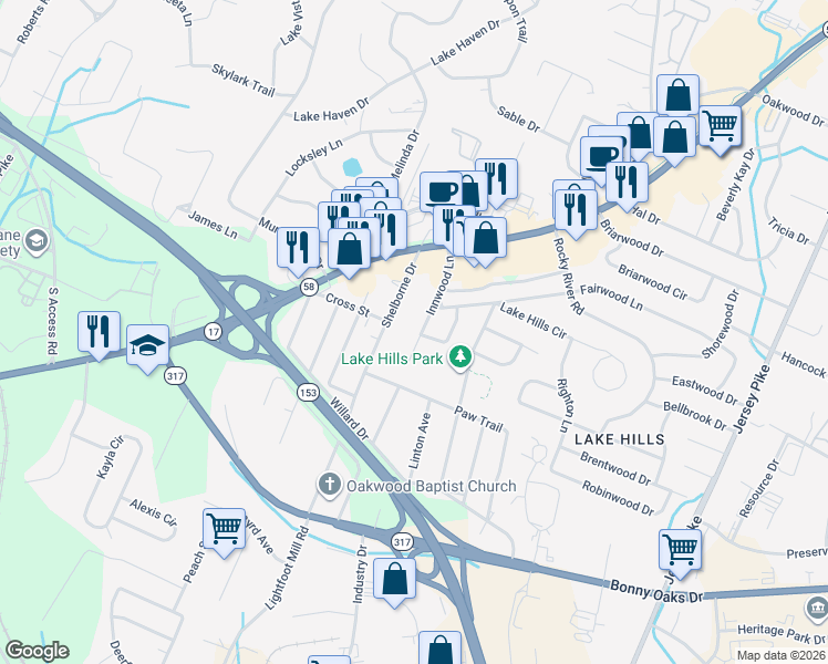 map of restaurants, bars, coffee shops, grocery stores, and more near 4313 Innwood Lane in Chattanooga