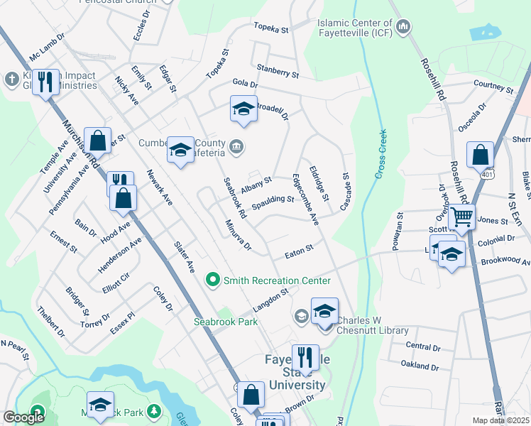 map of restaurants, bars, coffee shops, grocery stores, and more near 1819 Cascade Street in Fayetteville