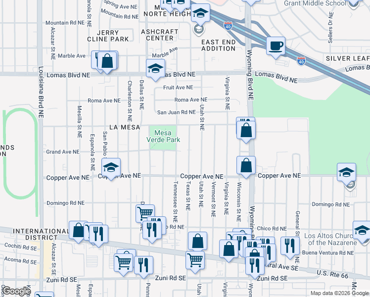 map of restaurants, bars, coffee shops, grocery stores, and more near 501 Texas Street Northeast in Albuquerque