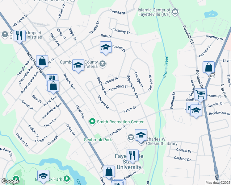 map of restaurants, bars, coffee shops, grocery stores, and more near 1819 Cascade Street in Fayetteville