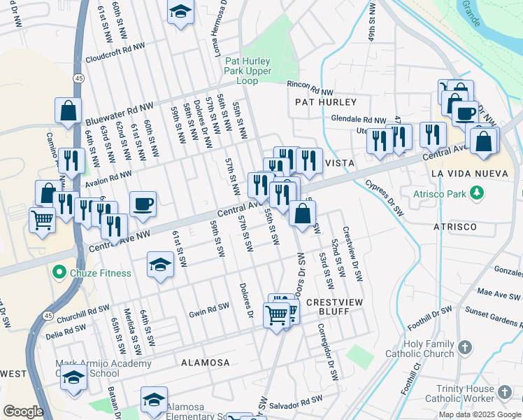 map of restaurants, bars, coffee shops, grocery stores, and more near 5500 Central Avenue Northwest in Albuquerque