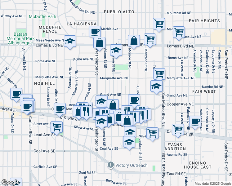 map of restaurants, bars, coffee shops, grocery stores, and more near 301 Jefferson Street Northeast in Albuquerque