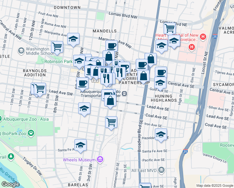 map of restaurants, bars, coffee shops, grocery stores, and more near 100 Silver Avenue Southwest in Albuquerque