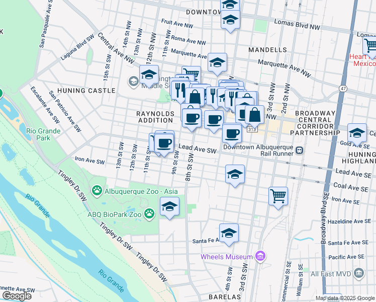 map of restaurants, bars, coffee shops, grocery stores, and more near 808 Lead Avenue Southwest in Albuquerque