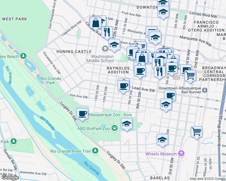 map of restaurants, bars, coffee shops, grocery stores, and more near 1021 Coal Avenue Southwest in Albuquerque