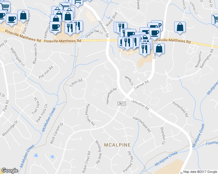 map of restaurants, bars, coffee shops, grocery stores, and more near 11071 Running Ridge Road in Charlotte