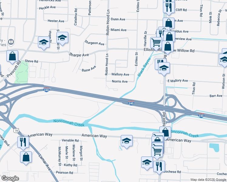 map of restaurants, bars, coffee shops, grocery stores, and more near 3714 Robin Park Circle in Memphis