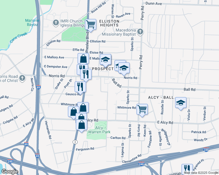 map of restaurants, bars, coffee shops, grocery stores, and more near 2318 Warren Street in Memphis