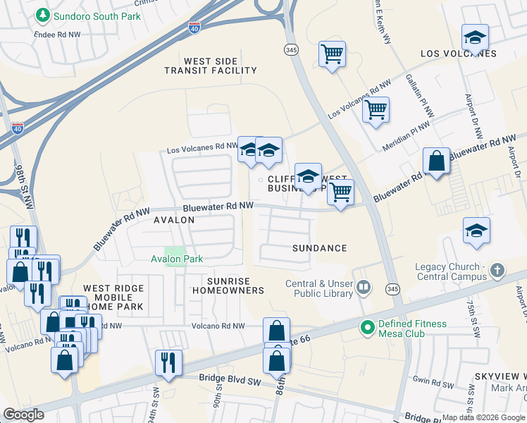 map of restaurants, bars, coffee shops, grocery stores, and more near 8909 Hatteras Place Northwest in Albuquerque