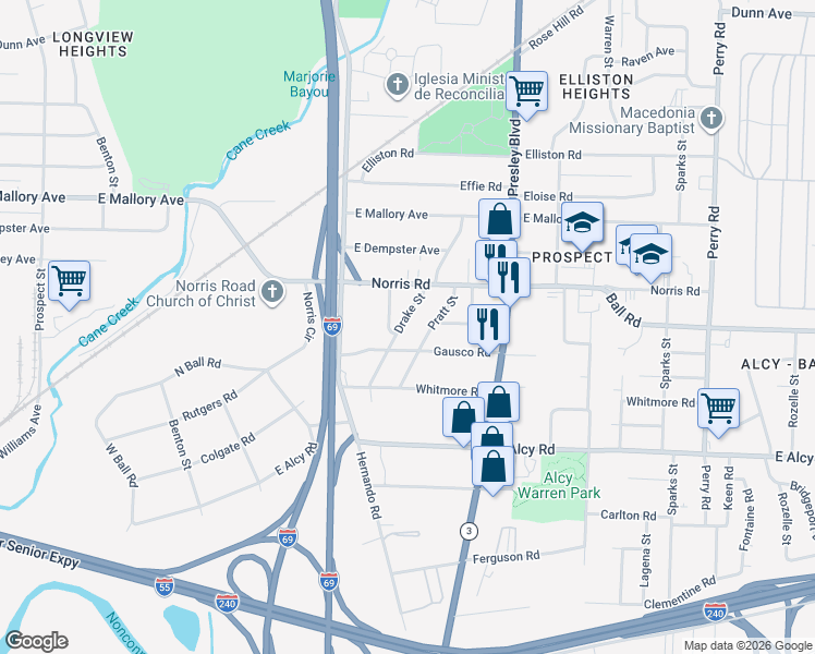map of restaurants, bars, coffee shops, grocery stores, and more near 2316 Drake Street in Memphis
