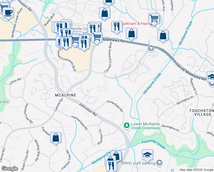 map of restaurants, bars, coffee shops, grocery stores, and more near 7142 Tom Castain Lane in Charlotte
