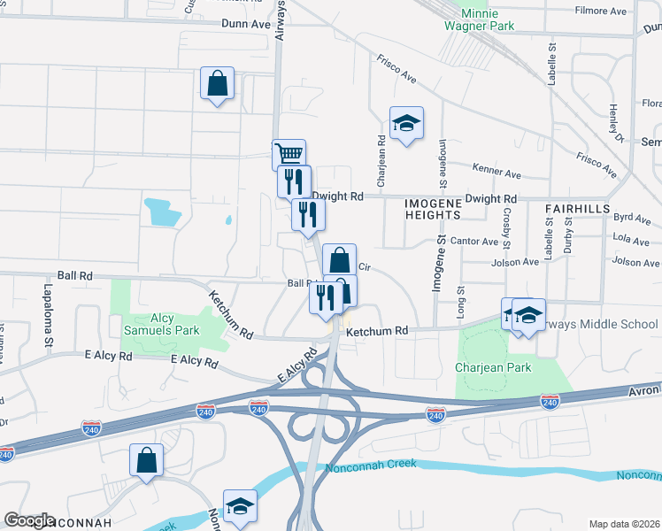 map of restaurants, bars, coffee shops, grocery stores, and more near 2312 Airways Boulevard in Memphis
