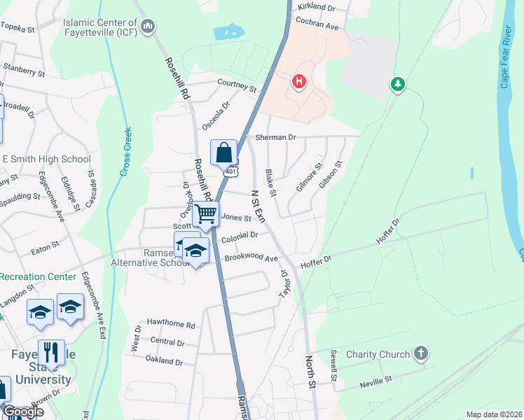 map of restaurants, bars, coffee shops, grocery stores, and more near 1804 North Street in Fayetteville