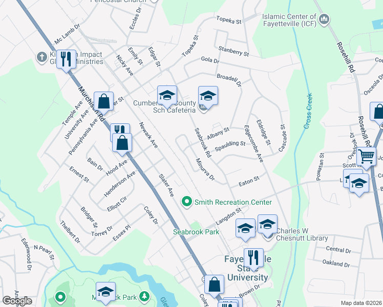 map of restaurants, bars, coffee shops, grocery stores, and more near 1635 Minurva Drive in Fayetteville