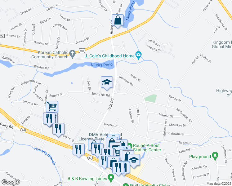 map of restaurants, bars, coffee shops, grocery stores, and more near 2133 Woodbine Avenue in Fayetteville