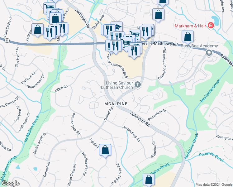 map of restaurants, bars, coffee shops, grocery stores, and more near 11123 Silkwood Court in Charlotte