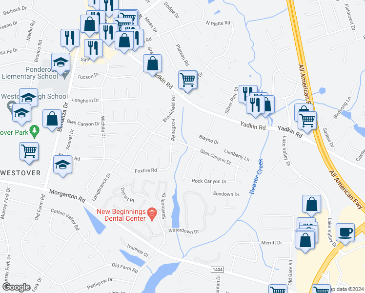 map of restaurants, bars, coffee shops, grocery stores, and more near 504 Glen Canyon Drive in Fayetteville