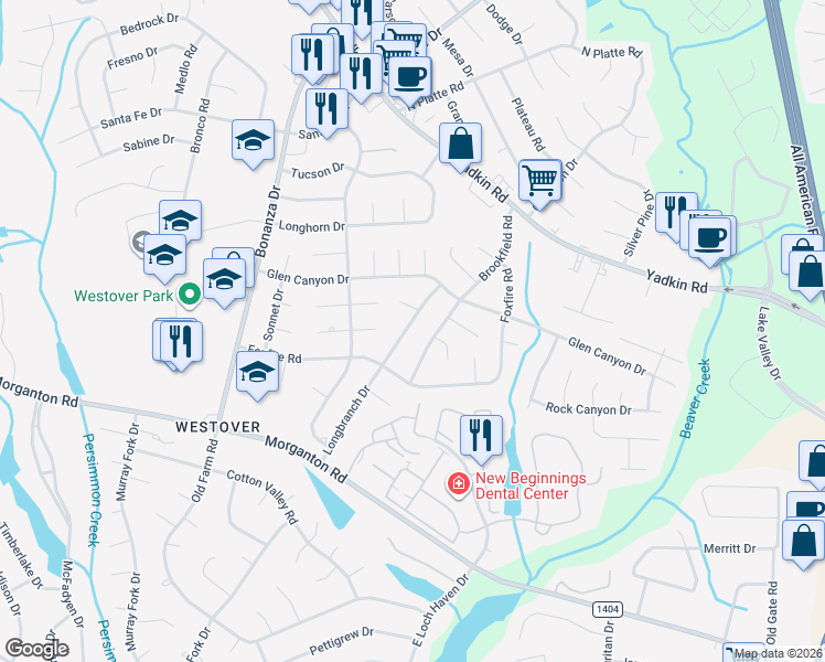 map of restaurants, bars, coffee shops, grocery stores, and more near 5214 Longbranch Drive in Fayetteville