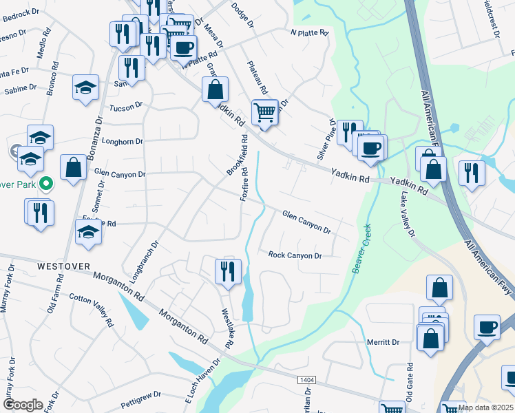 map of restaurants, bars, coffee shops, grocery stores, and more near 504 Glen Canyon Drive in Fayetteville