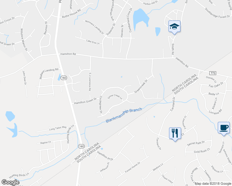 map of restaurants, bars, coffee shops, grocery stores, and more near 5930 Grove Creek Lane in Charlotte