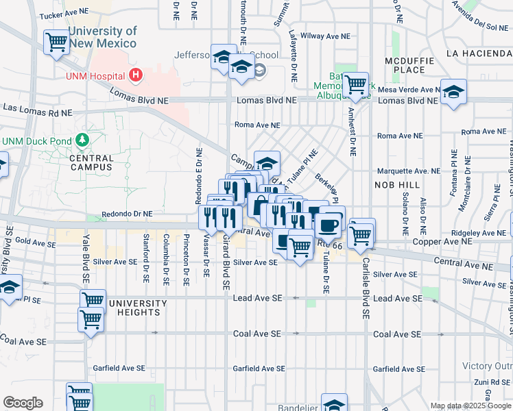 map of restaurants, bars, coffee shops, grocery stores, and more near 3017 Monte Vista Boulevard Northeast in Albuquerque