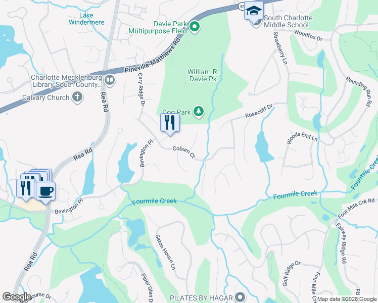 map of restaurants, bars, coffee shops, grocery stores, and more near 11989 Cabell View Court in Charlotte