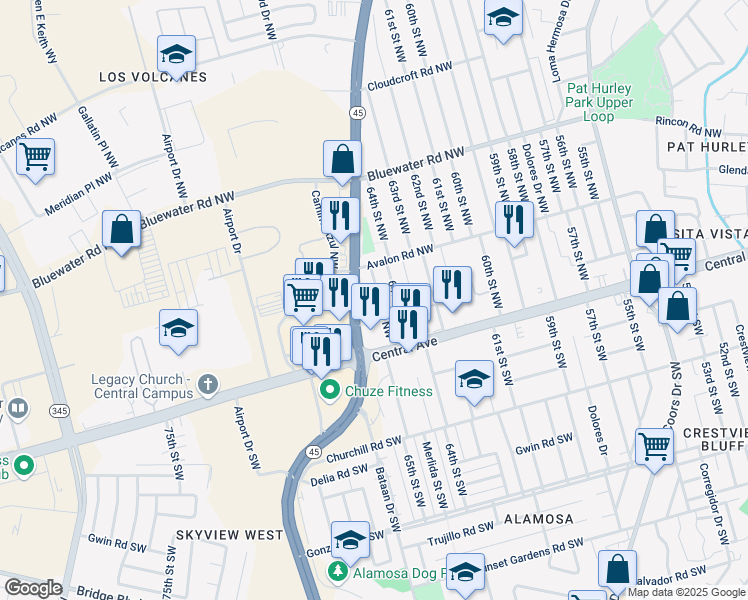 map of restaurants, bars, coffee shops, grocery stores, and more near 151 65th Street Northwest in Albuquerque