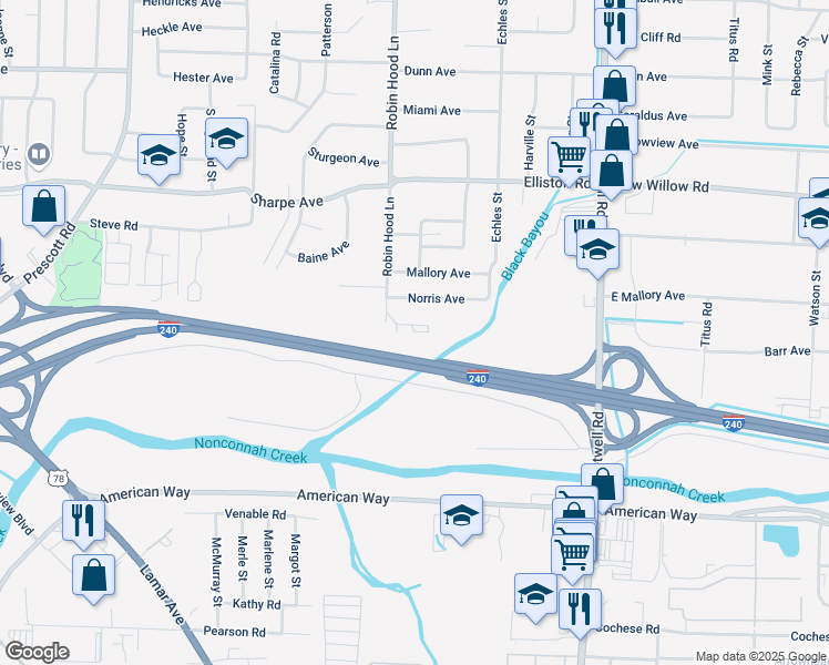 map of restaurants, bars, coffee shops, grocery stores, and more near 3714 Robin Park Circle in Memphis
