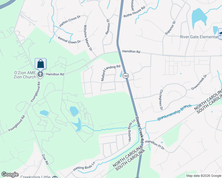 map of restaurants, bars, coffee shops, grocery stores, and more near 14412 Whistling Swan Road in Charlotte