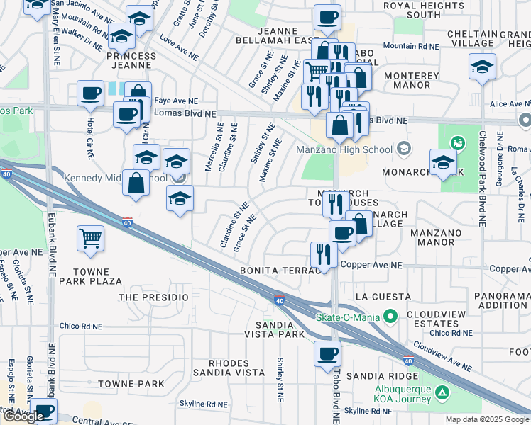 map of restaurants, bars, coffee shops, grocery stores, and more near 11600 Nambe Avenue Northeast in Albuquerque