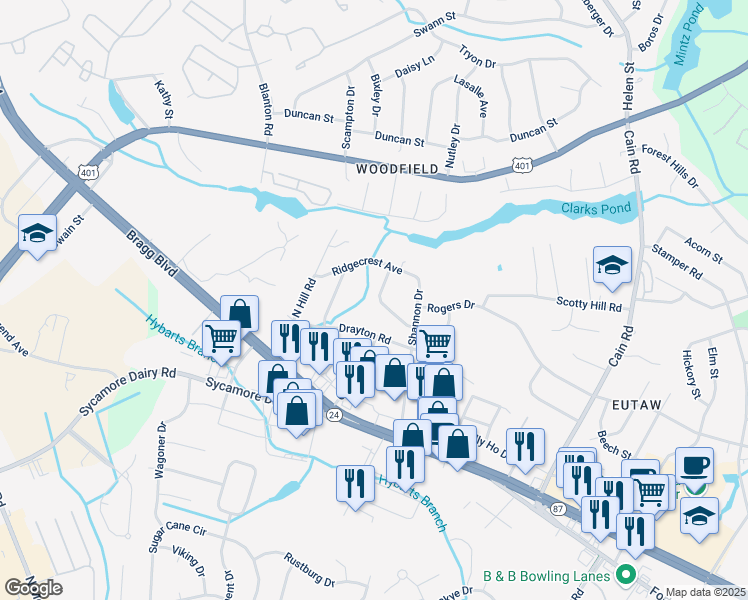 map of restaurants, bars, coffee shops, grocery stores, and more near 3523 Scottywood Drive in Fayetteville