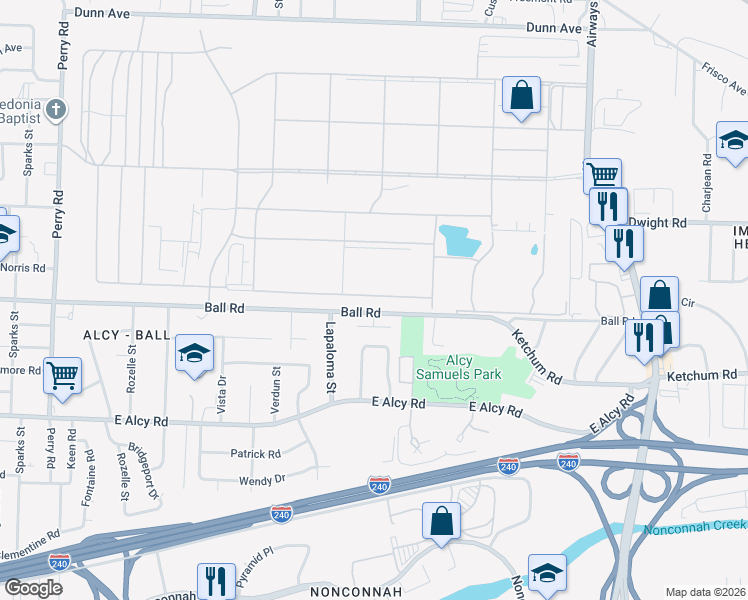 map of restaurants, bars, coffee shops, grocery stores, and more near 490 Ball Road in Memphis