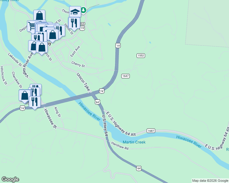 map of restaurants, bars, coffee shops, grocery stores, and more near Ridge in Murphy