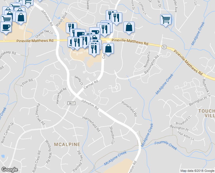 map of restaurants, bars, coffee shops, grocery stores, and more near 6530 Point Comfort Lane in Charlotte