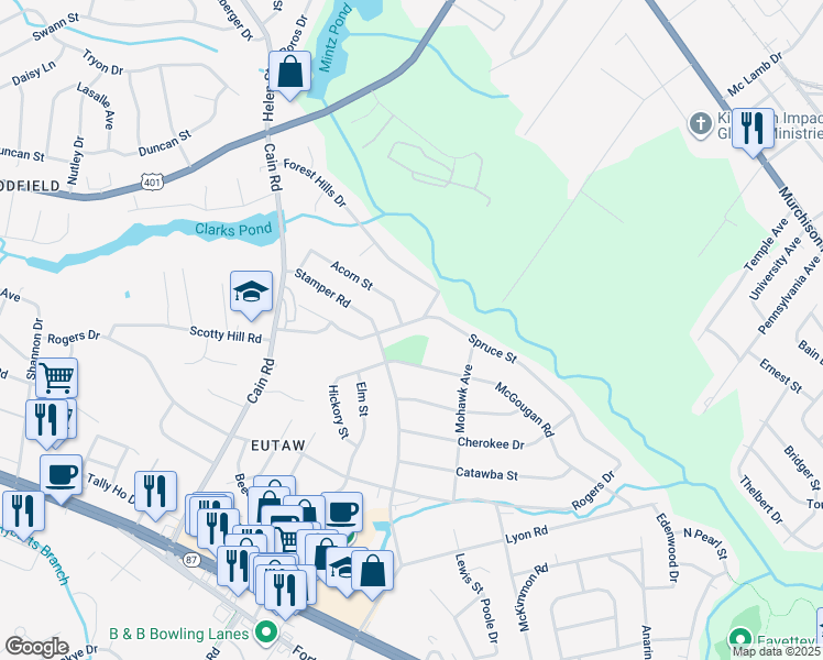 map of restaurants, bars, coffee shops, grocery stores, and more near 1933 Spruce Street in Fayetteville