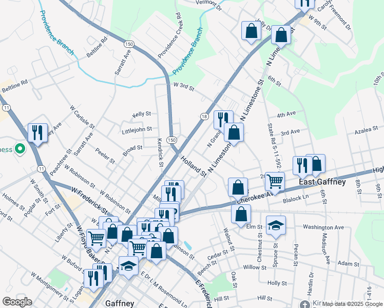 map of restaurants, bars, coffee shops, grocery stores, and more near 200 Bryant Street in Gaffney