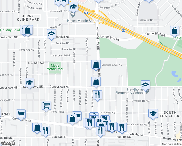 map of restaurants, bars, coffee shops, grocery stores, and more near 507 Wisconsin Street Northeast in Albuquerque