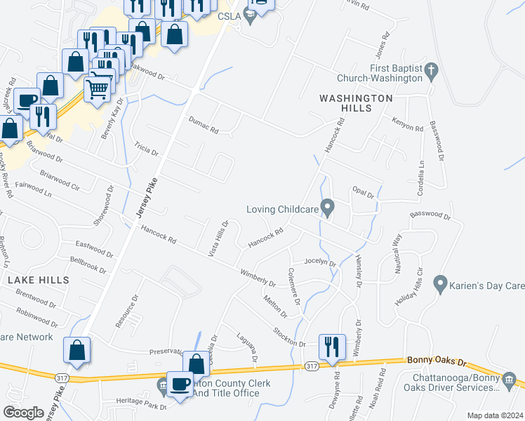 map of restaurants, bars, coffee shops, grocery stores, and more near 6221 Hansley Drive in Chattanooga