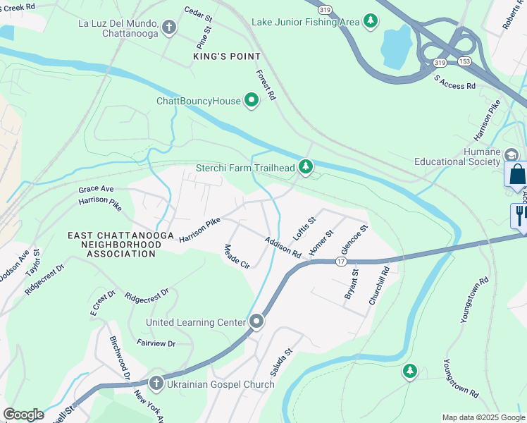 map of restaurants, bars, coffee shops, grocery stores, and more near 4041 Denham Road in Chattanooga