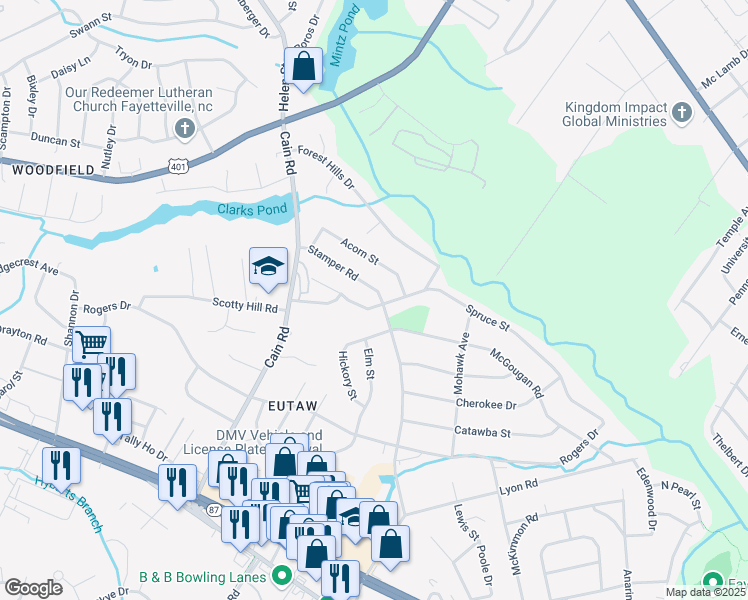 map of restaurants, bars, coffee shops, grocery stores, and more near 2000 Spruce Street in Fayetteville