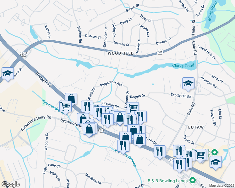 map of restaurants, bars, coffee shops, grocery stores, and more near 3523 Scottywood Dr in Fayetteville