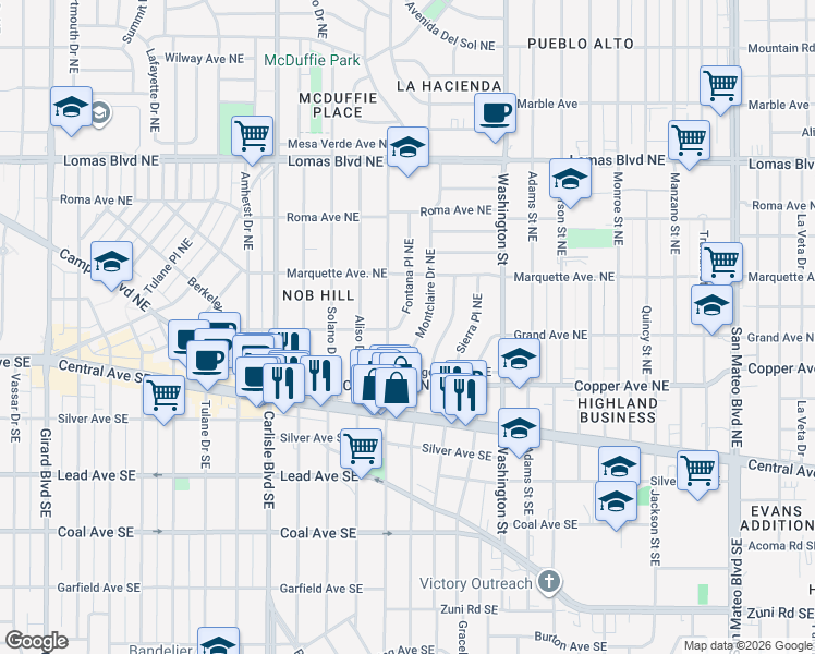 map of restaurants, bars, coffee shops, grocery stores, and more near 308 Fontana Place Northeast in Albuquerque