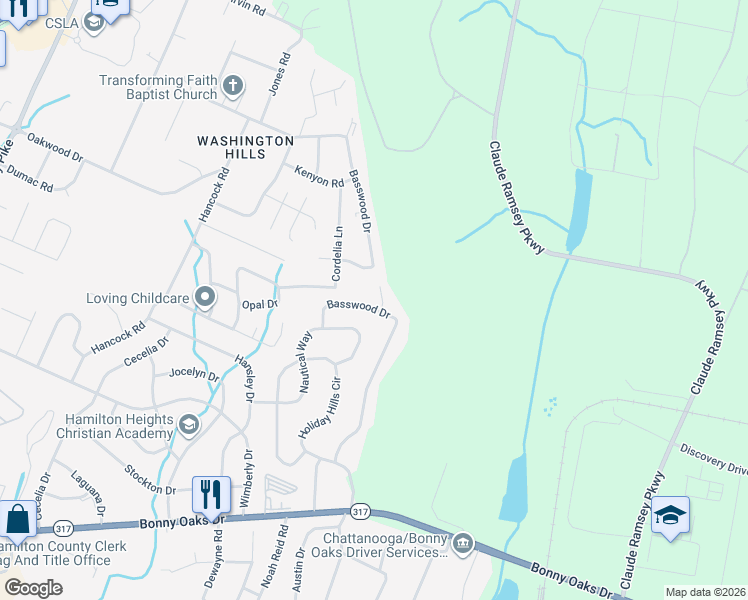 map of restaurants, bars, coffee shops, grocery stores, and more near 6409 Basswood Lane in Chattanooga